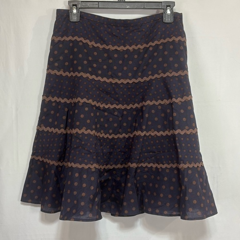 👑 BCBGMaxazria navy brown cotton, full polkadotted skirt with Rick rack trim